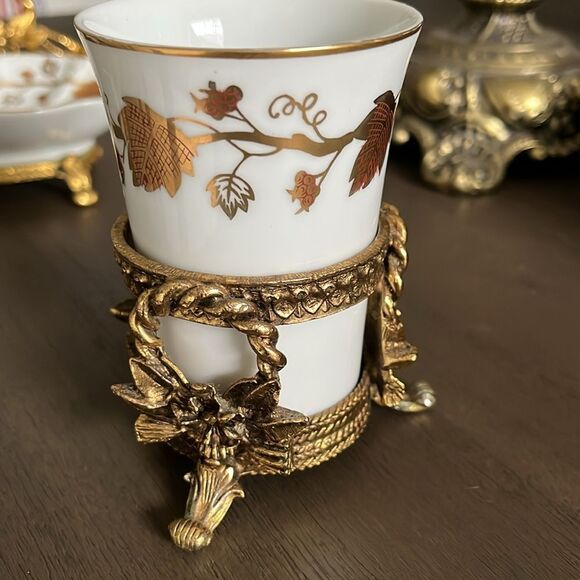 Vintage Stylebuilt Gold 2pc Tumbler And Soap Dish Set Gold Leaves Pattern - Picture 6 of 7